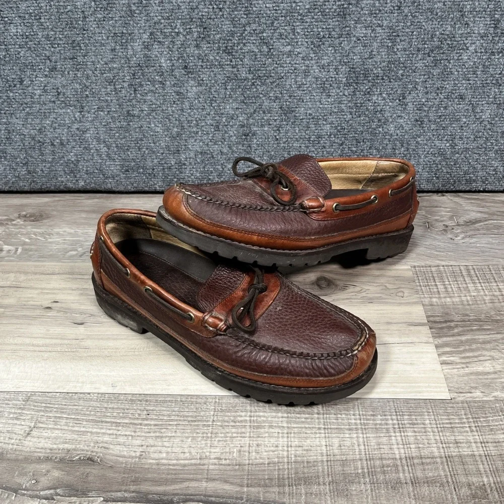L.L. Bean Allagash Mens 10 D Bison Leather Boat Shoes Slip-On Mock‎ Toe 273080